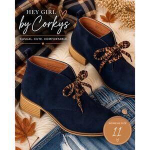 Corkys Hey Girl Navy Suede Booties Size 11 Leopard Lace Up Ankle Boots